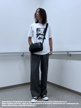 「TAKEO KIKUCHI（タケオキクチ）の【別注】マリリン・モンロー/フォトTシャツ（Tシャツ/カットソー、ホワイト系）」を使った、おーのさん（メンズ・176cm）の夏コーディネート