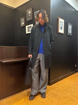 「TAKEO KIKUCHI（タケオキクチ）の【ウールカシミヤブレンド】ビーバー調 スタンドカラー コート（その他アウター、ブラック系）」を使った、おーのさん（メンズ・176cm）の秋コーディネート