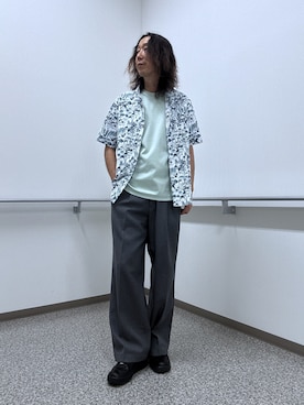 「TAKEO KIKUCHI（タケオキクチ）の【日本製】JFP DotAir（R）リゾートプリント半袖シャツ（シャツ/ブラウス、ブルー系）」を使った、おーのさん（メンズ・176cm）の夏コーディネート