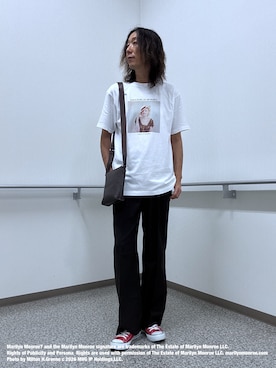 「TAKEO KIKUCHI（タケオキクチ）の【別注】マリリン・モンロー/フォトTシャツ（Tシャツ/カットソー、ホワイト系）」を使った、おーのさん（メンズ・176cm）の夏コーディネート