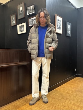 「TAKEO KIKUCHI（タケオキクチ）のカラーコンビ ダウンブルゾン（ダウンジャケット/コート、ブラウン系）」を使った、おーのさん（メンズ・176cm）の冬コーディネート
