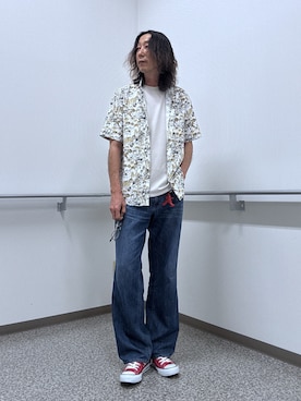 「TAKEO KIKUCHI（タケオキクチ）の【日本製】JFP DotAir（R）リゾートプリント半袖シャツ（シャツ/ブラウス、イエロー系）」を使った、おーのさん（メンズ・176cm）の夏コーディネート