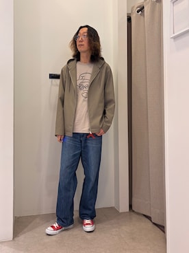 「TAKEO KIKUCHI（タケオキクチ）の【撥水・洗える・シワになりにくい】 リランチェ（R） フードブルゾン（ブルゾン、ブラウン系）」を使った、おーのさん（メンズ・176cm）の春コーディネート