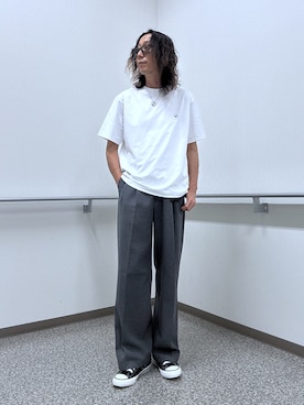 「TAKEO KIKUCHI（タケオキクチ）の【汗染み軽減】フェイクレイヤー ワンポイント プルオーバー（Tシャツ/カットソー、ホワイト系）」を使った、おーのさん（メンズ・176cm）の夏コーディネート