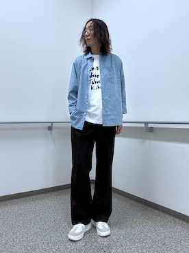 「TAKEO KIKUCHI（タケオキクチ）の【接触冷感】ハイブリッド リネン 七分袖シャツ（シャツ/ブラウス、ブルー系）」を使った、おーのさん（メンズ・176cm）の夏コーディネート