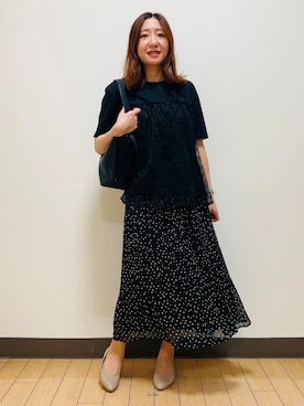 「Reflect（リフレクト）の【UVカット／接触冷感／手洗い可】ラッセルレースプルオーバー（Tシャツ/カットソー、ブラック系）」を使った、miiirefさん（レディース）の夏コーディネート