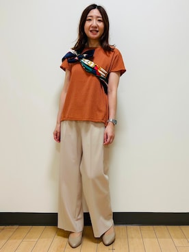 「Reflect（リフレクト）の【腰まわりカバー／手洗い可】ペプラムプルオーバー（Tシャツ/カットソー、オレンジ系）」を使った、miiirefさん（レディース）の夏コーディネート