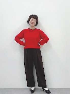 「nissen（ニッセン）の小さいサイズ　スウェットライクラグランニット　低身長さん・小柄女性（ニット/セーター、レッド系）」を使った、meg✩.*˚151cmさん（レディース・151cm）の秋コーディネート