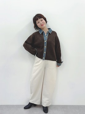 「nissen（ニッセン）の小さいサイズ　デニム切替ニットカーディガン　低身長さん・小柄女性（ニット/セーター、グレー系）」を使った、meg✩.*˚151cmさん（レディース・151cm）の秋コーディネート