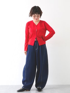 「nissen（ニッセン）の【9月3日PM12時より販売開始】小さいサイズ　【Petimo企画】2WAY ホックカーディガン　低身長さん・小柄女性（カーディガン/ボレロ、レッド系）」を使った、meg✩.*˚151cmさん（レディース・151cm）の秋コーディネート