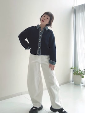 「nissen（ニッセン）の小さいサイズ　デニム切替ニットカーディガン　低身長さん・小柄女性（ニット/セーター、グレー系）」を使った、meg✩.*˚151cmさん（レディース・151cm）の秋コーディネート