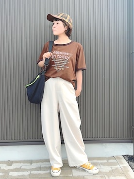 「nissen（ニッセン）の小さいサイズ　【UVカット・接触冷感・防シワ】カーブパンツ　低身長さん・小柄女性（パンツ、ホワイト系）」を使った、meg✩.*˚151cmさん（レディース・151cm）の秋コーディネート