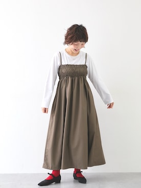 「nissen（ニッセン）の【9月3日PM12時より販売開始】小さいサイズ　【Petimo企画】マタニティ対応タフタギャザーキャミソールワンピース（産前・産後兼用）　低身長さん・小柄女性（ワンピース、ブラウン系）」を使った、meg✩.*˚151cmさん（レディース・151cm）の夏コーディネート