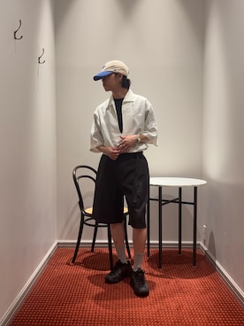 「NANO universe（ナノユニバース）の「FRENCH LINEN」イタリアンスキッパー半袖シャツ（シャツ/ブラウス、ホワイト系）」を使った、syouさん（メンズ・170cm）の夏コーディネート