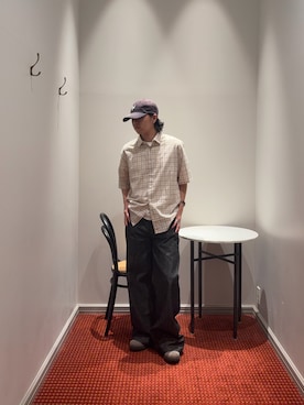 「NANO universe（ナノユニバース）のオリジナルドビーチェックシャツ 半袖（シャツ/ブラウス、ベージュ系）」を使った、syouさん（メンズ・170cm）の夏コーディネート