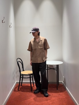 「NANO universe（ナノユニバース）のオープンカラーキューバシャツ（シャツ/ブラウス、ベージュ系）」を使った、syouさん（メンズ・170cm）の夏コーディネート