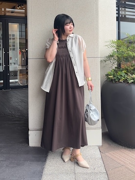 「Jena espace merveilleux（ジェナ　エスパスメルヴェイユ）の袖ギャザーシャツ（シャツ/ブラウス、ベージュ系）」を使った、eeeeik6さん（レディース・160cm）の夏コーディネート