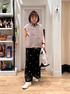 「Dessin（デッサン）のリネンブレンド フレンチスリーブドロストシャツ（シャツ/ブラウス、ブラウン系）」を使った、aikichi0705さん（レディース）の夏コーディネート