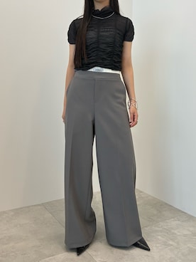 「SOEMIN（ソミン）のSideline slacks／ダブルウエストサイドラインスラックス（スラックス、グレー系）」を使った、Prompdoさん（レディース・163cm）の夏コーディネート