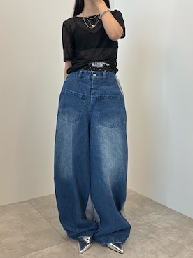 「SOEMIN（ソミン）のDenim docking sweatpants／バックスウェットデニムパンツ（デニムパンツ、ブルー系）」を使った、Prompdoさん（レディース・163cm）の夏コーディネート