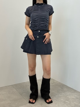 「SOEMIN（ソミン）のCargo skirt and shorts／ラップスカートショートパンツセット（カーゴパンツ、ブルー系）」を使った、Prompdoさん（レディース・163cm）の夏コーディネート