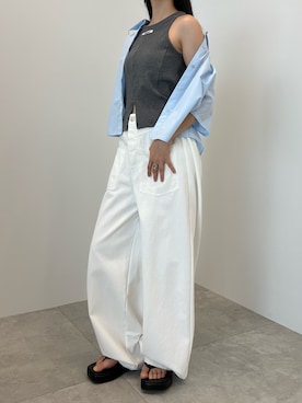 「SOEMIN（ソミン）のPurl short sleeve shirt／襟パール付き半袖シャツ（シャツ/ブラウス、ブルー系）」を使った、Prompdoさん（レディース・163cm）の夏コーディネート