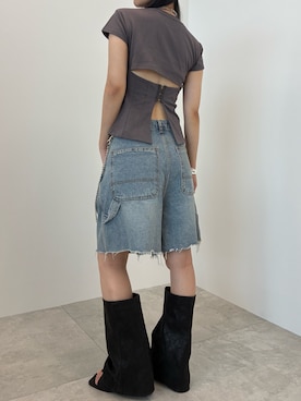 「SOEMIN（ソミン）のDenim bermuda pants／ウエストクロスデニムハーフパンツ（デニムパンツ、ブルー系）」を使った、Prompdoさん（レディース・163cm）の夏コーディネート