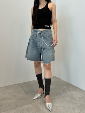 「SOEMIN（ソミン）のDenim bermuda pants／ウエストクロスデニムハーフパンツ（デニムパンツ、ブルー系）」を使った、Prompdoさん（レディース・163cm）の夏コーディネート