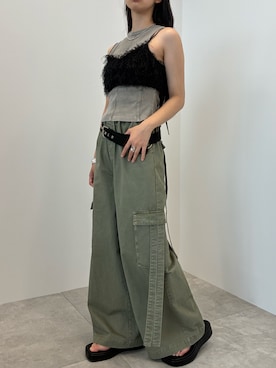 「SOEMIN（ソミン）のPigment sleeveless top／ピグメントタンクトップ（タンクトップ、グレー系）」を使った、Prompdoさん（レディース・163cm）の夏コーディネート