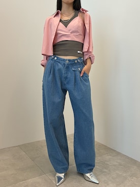 「SOEMIN（ソミン）のBustier set with long sleeve shirt／ビスチェセット長袖シャツ（シャツ/ブラウス、ピンク系）」を使った、Prompdoさん（レディース・163cm）の夏コーディネート