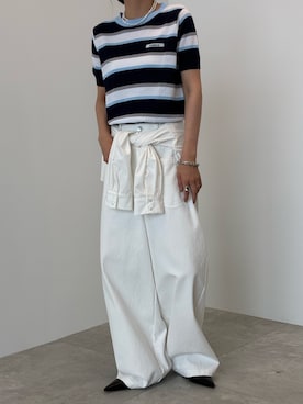 「SOEMIN（ソミン）のBorder short-sleeved knit／ボーダー半袖ニット（ニット/セーター、ブルー系）」を使った、Prompdoさん（レディース・163cm）の夏コーディネート