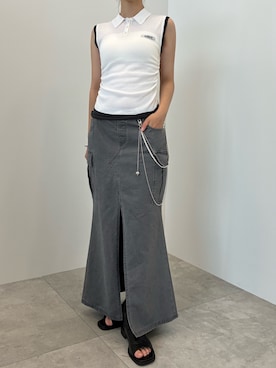 「SOEMIN（ソミン）のLayered sleeveless knit／レイヤードノースリーブポロニット（ニット/セーター、ホワイト系）」を使った、Prompdoさん（レディース・163cm）の夏コーディネート