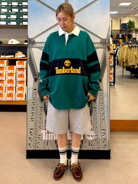 「Timberland（ティンバーランド）の【TOKYO DESIGN COLLECTIVE】ラグビー シャツ ユニセックス（その他トップス、グリーン系）」を使った、makoさん（レディース・153cm）の夏コーディネート