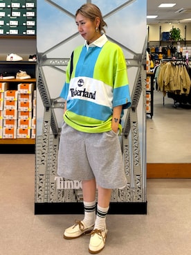「Timberland（ティンバーランド）のアイテム（ポロシャツ、グリーン系）」を使った、makoさん（レディース・153cm）の夏コーディネート
