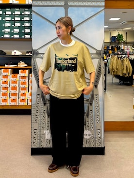 「Timberland（ティンバーランド）のランドスケープ グラフィック 半袖 Tシャツ メンズ（Tシャツ/カットソー、ベージュ系）」を使った、makoさん（レディース・153cm）の夏コーディネート