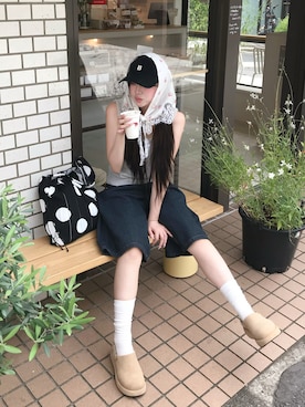 「STAND OIL（スタンドオイル）のアイテム（シューズ、ベージュ系）」を使った、愛さん（レディース・165cm）の夏コーディネート