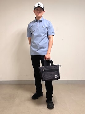 「adabat（アダバット）の【ADABAT NAVY】接触冷感/抗菌防臭/UVカット クールデオドラントジャージ 半袖ポロシャツ（ポロシャツ、ブルー系）」を使った、西岡琉偉さんの夏コーディネート