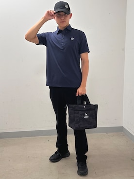 「adabat（アダバット）の【ADABAT NAVY】UVケア/接触冷感　クールタッチカノコワッペン半袖ポロシャツ（ポロシャツ、ブルー系）」を使った、西岡琉偉さんの夏コーディネート