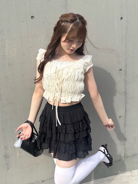 「continuer de NICE CLAUP(コンティニューデナイスクラップ)のレース×シフォンミニスカート(スカート、ブラック系)」を使った、sakuraniceさん(レディース・161cm)の夏コーディネート