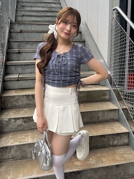 「continuer de NICE CLAUP(コンティニューデナイスクラップ)のトレンドを詰め込んだ、半袖リブトップス(Tシャツ/カットソー、ブルー系)」を使った、sakuraniceさん(レディース・161cm)の夏コーディネート