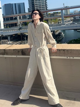 open collar cotton linen belted l/s jump suit / コットンリネン