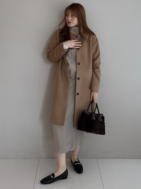 「UNTITLED（アンタイトル）の【名品】ウールカシミヤノーカラーコート（ノーカラーコート、イエロー系）」を使った、sayaさんの秋コーディネート