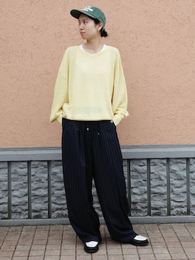 「B.C STOCK（ベーセーストック）の手洗い可 / ストライプリラックスパンツ（スラックス、ブルー系）」を使った、moeさん（レディース・157cm）の春コーディネート