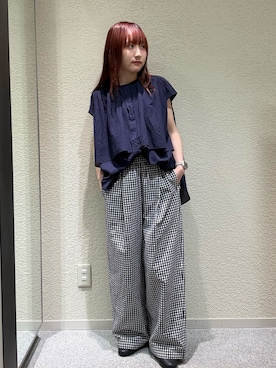 「かぐれ（カグレ）のワイドギャザーダブルブラウス（シャツ/ブラウス、ブルー系）」を使った、neneさん（レディース・158cm）の夏コーディネート
