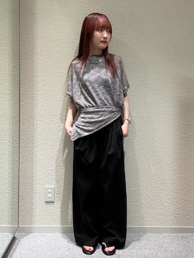 「かぐれ（カグレ）のリネンコットンスカーフニット（ニット/セーター、ブラック系）」を使った、neneさん（レディース・158cm）の夏コーディネート