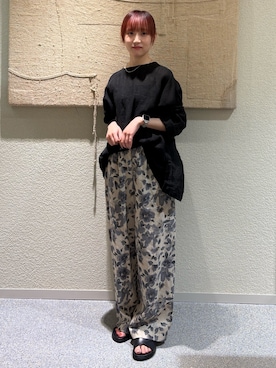 「かぐれ（カグレ）のリネンボイルワイドプルオーバー（シャツ/ブラウス、ブラック系）」を使った、neneさん（レディース・158cm）の夏コーディネート