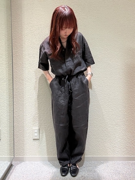 「かぐれ（カグレ）のリネンハーフスリーブオールインワン（つなぎ/オールインワン、グレー系）」を使った、neneさん（レディース・158cm）の夏コーディネート