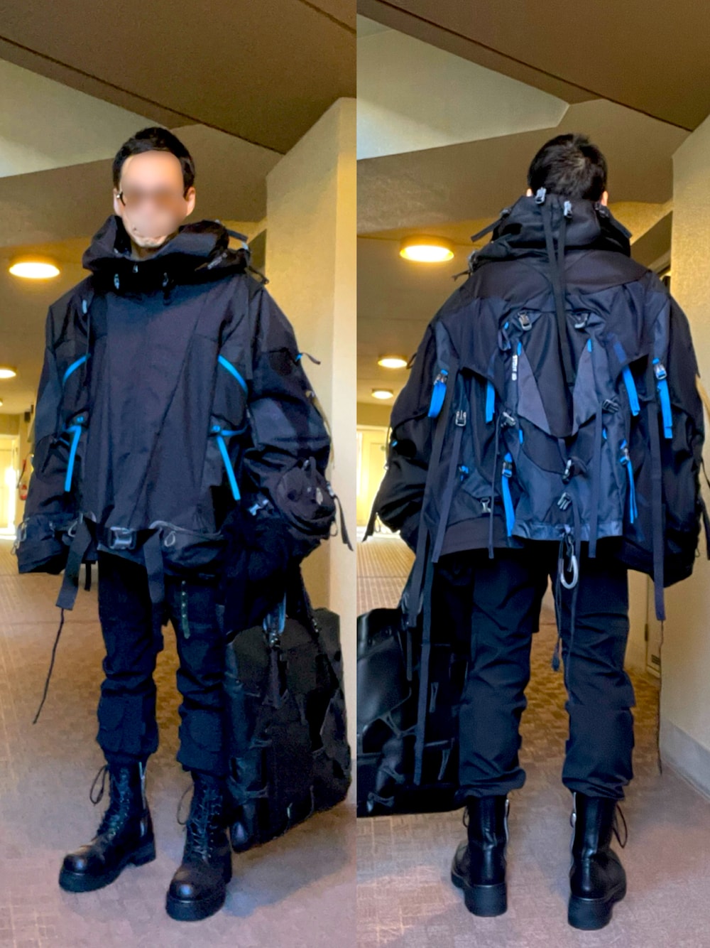 「ストリート、ビッグシルエット、フーディー、ブーツ、ブラック、真冬のあったかスタイル、スポーツミックス、モード、トートバッグ、INNERRAUM、Gregory、KUBORAUM」｜「JUNYA WATANABE MANのアイテム（ジャケット/アウター、ブラック系）」を使った、 dull_1068さん（メンズ・170cm）の冬コーディネートの1枚目の写真