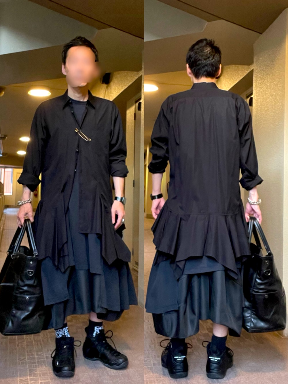 「ブラック、黒、NIKE、レイヤードスタイル、シャツスタイル、ショートパンツ、トートバッグ、夏コーデ、オールブラック、ストリート、モード」｜「COMME des GARCONS HOMME PLUSのアイテム（シャツ/ブラウス、ブラック系）」を使った、 dull_1068さん（メンズ・170cm）の夏コーディネートの1枚目の写真