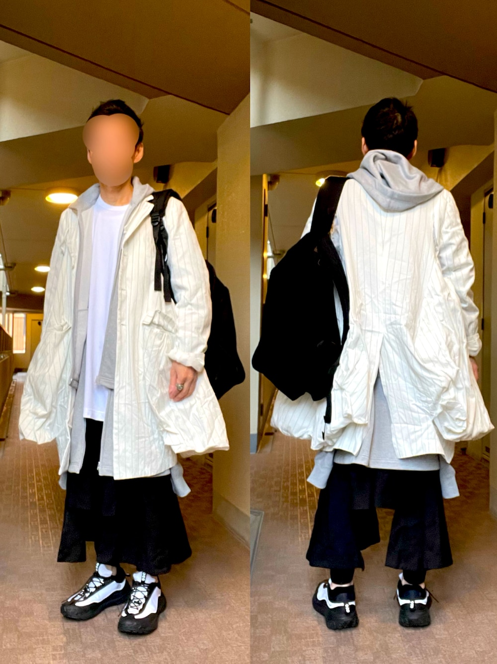「モード、ストリート、モードストリート、モノトーン、リュック、NIKE、スニーカー、ショートパンツ、レイヤードスタイル」｜「COMME des GARCONS HOMME PLUSのアイテム（ジャケット/アウター、ホワイト系）」を使った、 dull_1068さん（メンズ・170cm）の春コーディネートの1枚目の写真